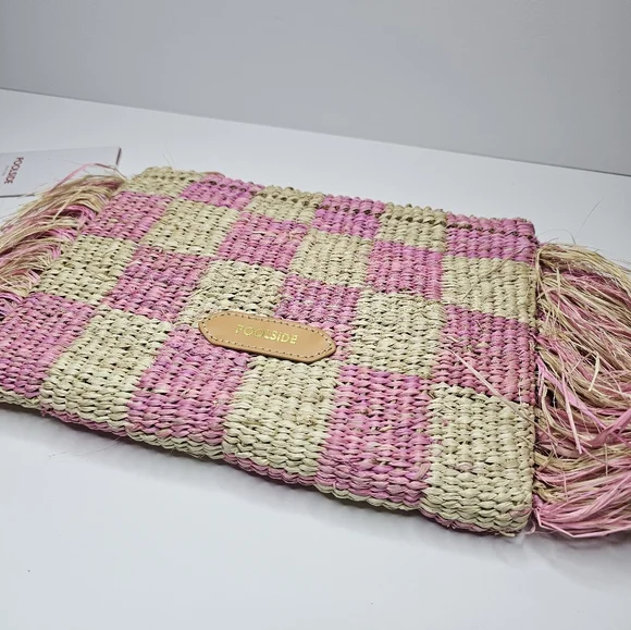 Poolside Clutch Natural/Pink Checkered Fringe Clutch Straw NWT Upcycled Organic - Picture 7 of 13